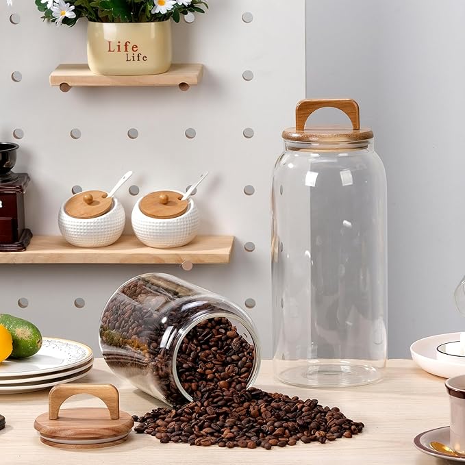 WHJY 2 pack 107oz Large Glass Jars with Wood Lids Flour Sugar Storage Containers for Kitchen Pantry Large Airtight Clear Canister for Coffee Bean Snacks Dried Goods