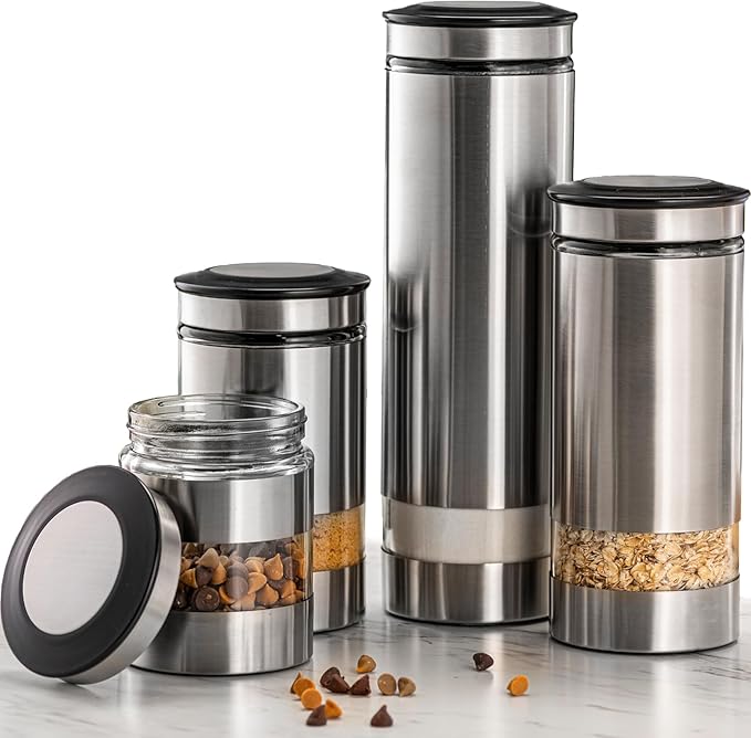 Le'raze Quality Stainless Steel Canister Set of 4 for Kitchen Counter with Glass Window & Airtight Lid - Food Storage Containers with Lids Airtight - Pantry Storage and Organization Set