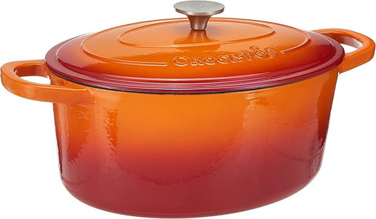 Crock Pot Artisan 7-Quart Oval Enameled Cast Iron Dutch Oven ??Sunset Orange, Durable Heavy-Duty Cookware for Slow Cooking, Roasting, Baking with Lid