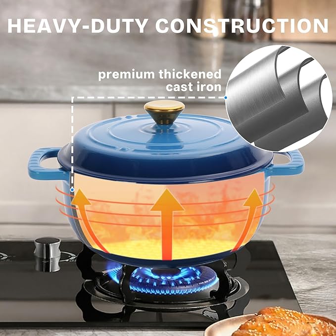 Dutch Oven Pot with Lid, 5 Quart Enameled Cast Iron Dutch Oven, Dual Handles, Kitchen Pots Oven Safe up to 500째F, Stovetop Compatible, Marinate, Cook, Bread Baking, Refrigerate & Serve, Blue