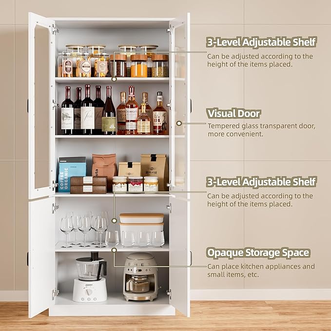 White Kitchen Pantry Cabinet, 78.7" Tall China Cabinet with Glass Doors and Adjustable Shelves, Wooden Display Cabinet for Dining, Living Room, White (Large, 31.5" W)