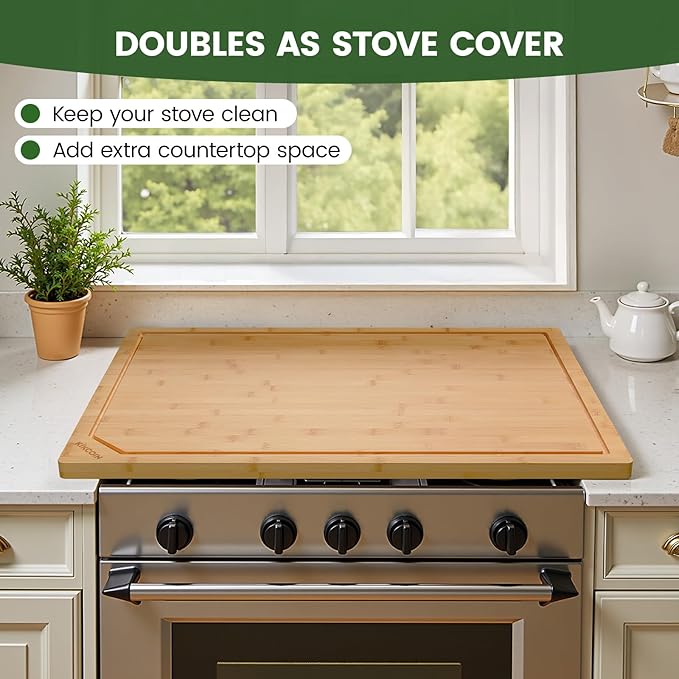 30 Inch Extra Large Bamboo Cutting Boards for Kitchen, Wood Cutting Board with Deep Juice Groove and Handle Heavy Duty Chopping board, Oversized Stove Top Cover, Kikcoin, 30" x 20"