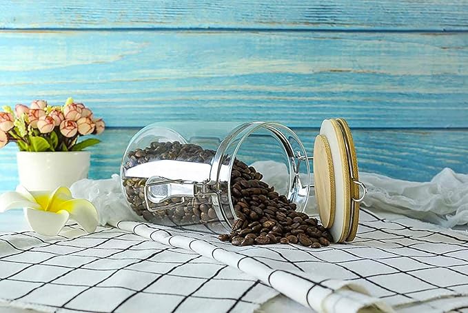 Le'raze Set of 5 Borosilicate Glass Food Storage Canisters with Airtight Bamboo Clamp Lid, Kitchen Bathroom and Pantry Organization Containers, Cookie Jars for Flour