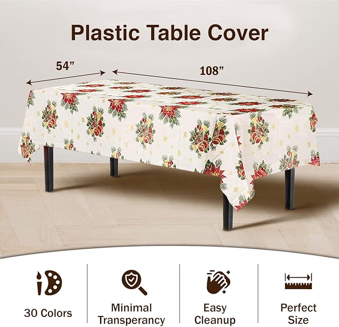Party Solids Pack Of 6, Premium Rectangle Holiday Design Plastic Tablecloth - Christmas Decorations Tablecloth Disposable Plastic Table Cover for December - 54 inch. x 108 inch