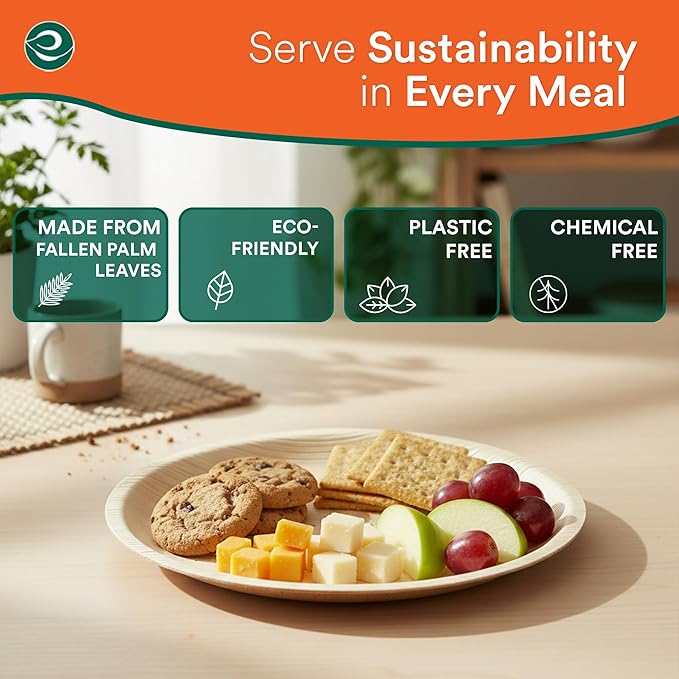 ECO SOUL Palm Leaf Plates 6" Round (200 Count) - Disposable, Eco-Friendly, Biodegradable Bamboo Appetizer Plates - Perfect Dinnerware for Christmas Parties, Weddings, Events & Holidays