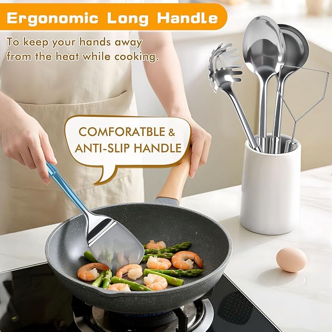13 Pcs Stainless Steel Cooking Utensils Set, Heat Resistant Metal Kitchen Tools Include Utensil Holder, Solid & Slotted Spatula, Spoon, Ladle, Pasta Server,Potato Maseher, Egg Whisk, Meat Fork, Silver