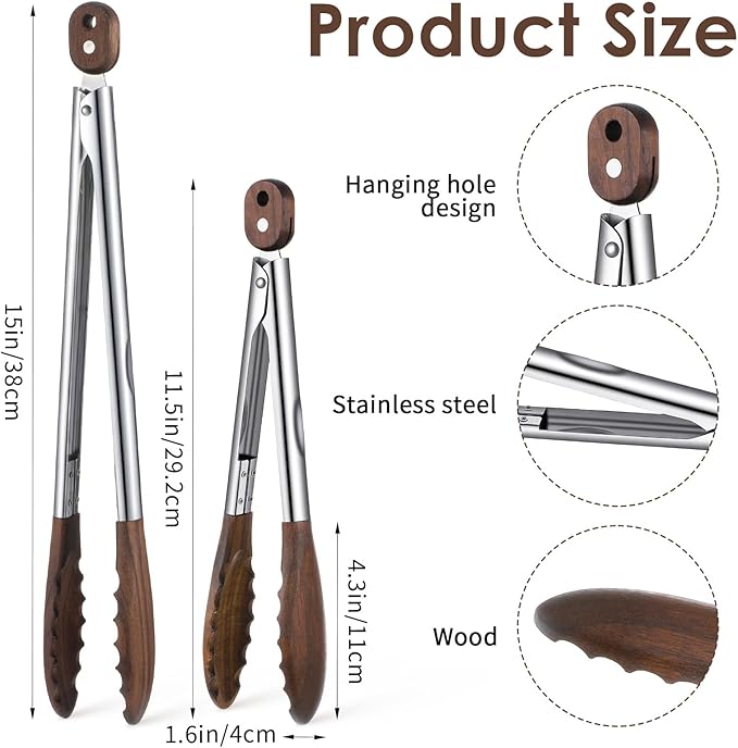 4Pcs Wooden Tongs for Cooking, Stainless Steel Salad Tong with Walnut Wood Tip, 9 Inch 12 Inch Walnut Wooden Kitchen Tongs, Anti-Slip Long Handle Wood Kitchen Utensils for Salad Tossing