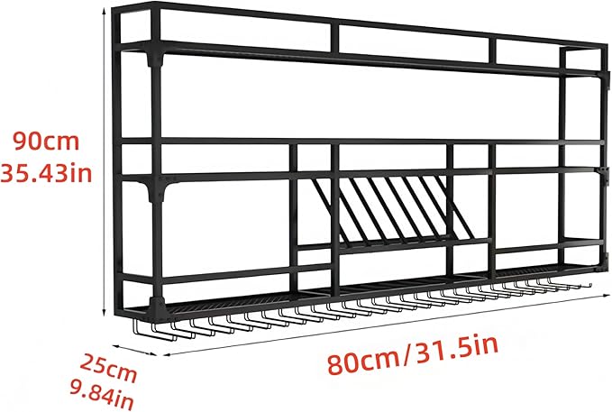 31Inch Metal Wall-Mounted Wine Rack with LED Light - 3 Tier Wine Storage Display Rack with Glass Holder - Space-Saving Bottle Display Shelf for Home Bars, Dining Rooms, Black
