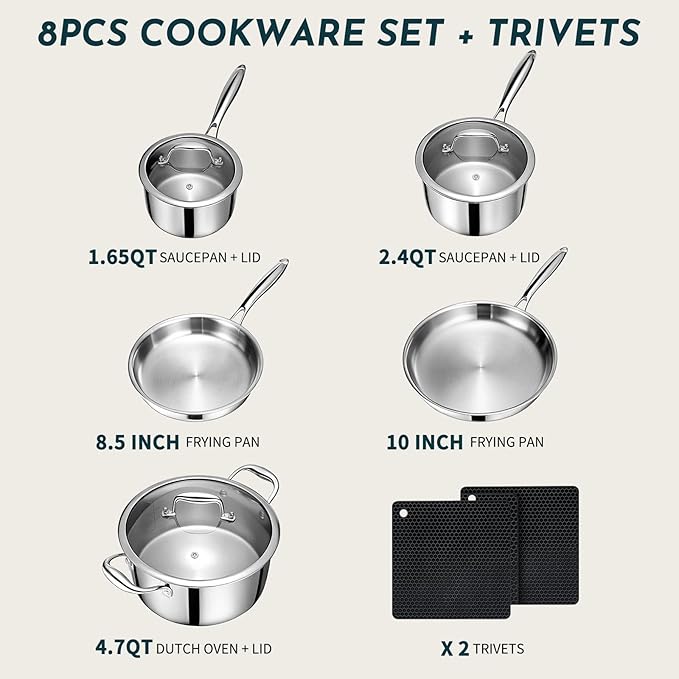 3 Ply Stainless Steel Cookware Set, AIVIKI 10-Pieces Pots and Pans Set, Induction Kitchen Cookware Set, Oven Safe to 500?? Chef Quality Cooking Set w/Fry Pans, Saucepans, Dutch Oven, Kitchen Essential