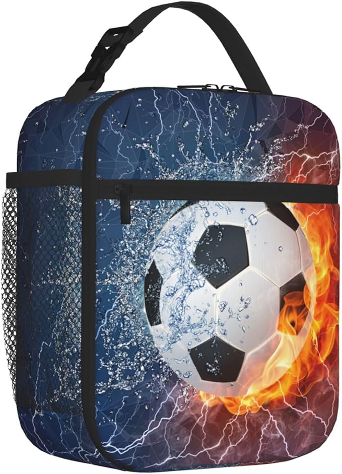 YIJIUWKIS Soccer Lunch Box Sports-themed Lunch Bag for Kids Teens Boys Girls, Insulated Leakproof Waterproof Reusable Lunch Bags with Mesh Pocket, Portable Durable Cooler Tote Bag with Double Zippers