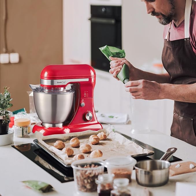 Geek Chef 3-IN-1 Stand Mixer, 4.8QT, 12 Speeds Tilt-head Food Mixer with Dough Hook, Whisk, Beater and Digital Scale with App, Red