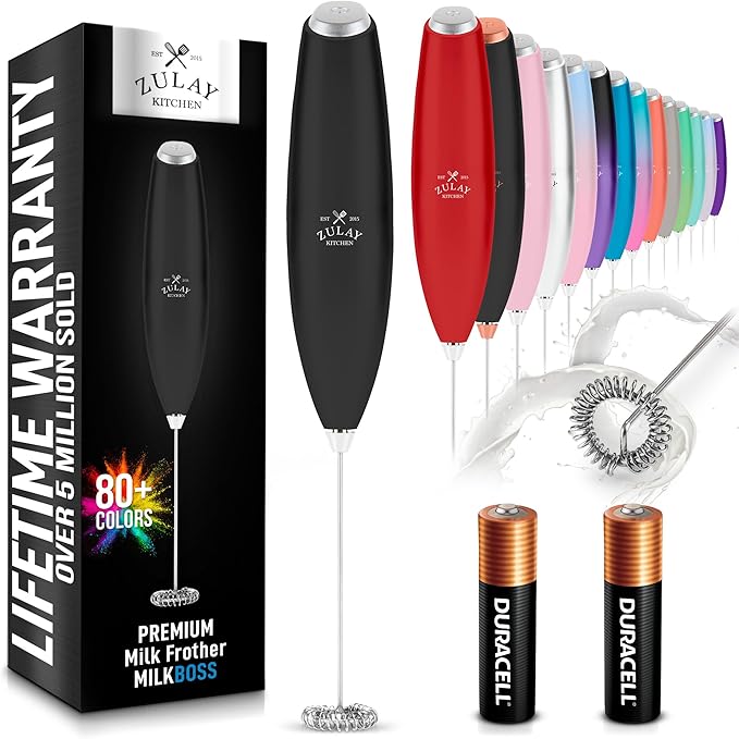 Zulay Kitchen Handheld Milk Frother with Duracell AA Batteries ??Ultra Fast Electric Mixer & Foam Maker, Easy-Clean Drink Mixer for Coffee & More