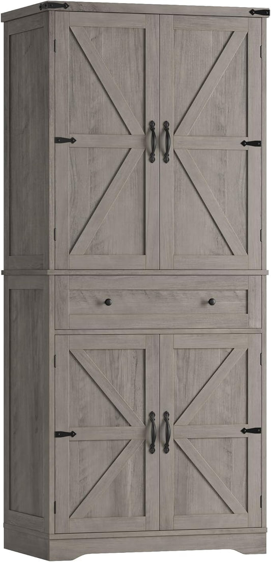 HOSTACK 71" Tall Pantry Cabinet, Farmhouse Kitchen Pantry with Storage Shelves, Barn Doors Food Storage Cabinet, Freestanding Kitchen Hutch with Large Drawer for Dining Room, Living Room, Ash Gray