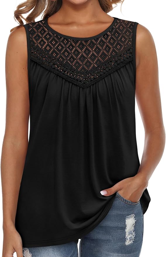 XIEERDUO Womens Tank Tops Sleeveless Lace Crochet Boho Tops Loose Fit Pleated Tunics Crewneck Summer Vacation Outfits Flowy