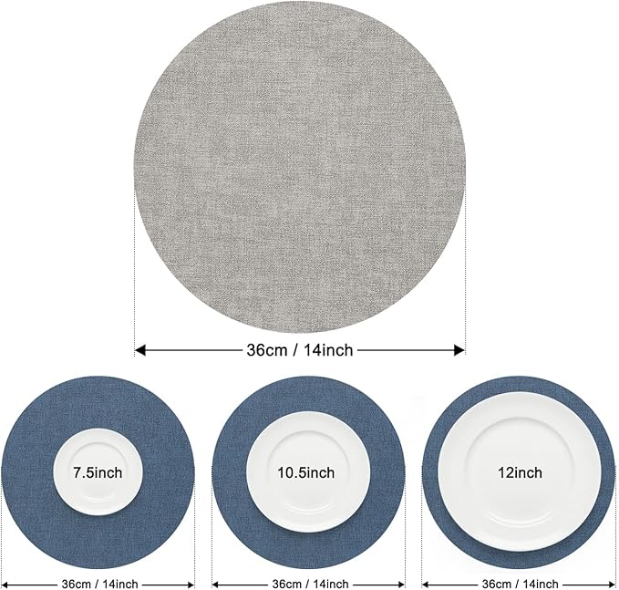 Myir JUN Reversible Vinyl Round Placemats Set of 6, Faux Leather Place Mats Dual Sided Waterproof Wipeable, Heat-Resistant Table Mats for Kitchen Dining Indoor Outdoor (14", Light Gray Navy Blue)