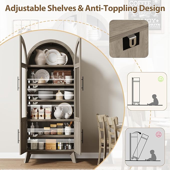 QUW 71" Modern Fluted Display Cabinet, Fluted Arched Pantry Cabinet, Tall Kitchen Storage Pantry with Adjustable Shelf, Storage Cabinet for Living Room, Dining Room, Grey