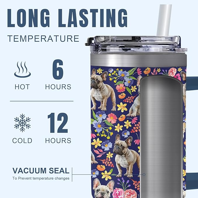 Yogusut French Bulldog Gifts for Women, 40oz Stainless Steel Insulated Tumbler Travel Mug Cup with Handle Straw, Gifts for Dog Mom Dog Lover