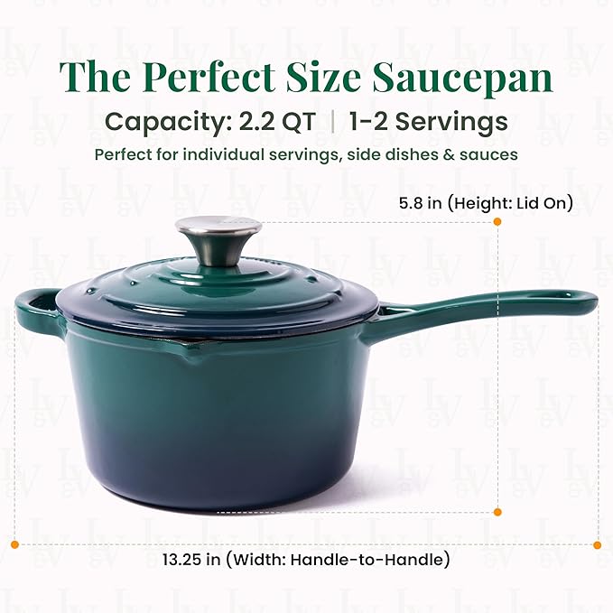 Larder & Vine Enameled Cast Iron Saucepan | 2.2 qt Sauce Pan with Lid | Saucepan with Pour Spouts | Enameled Cast Iron Pot Compatible on All Cooktops & Oven Safe to 500째 F | Bondi