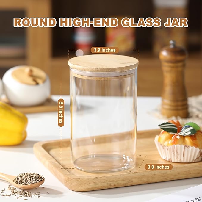 6-Pack Glass Storage Jars with Bamboo Lids Single 32 fl oz/950ml, Glass Canister Set, Airtight Containers for Kitchen Dry Goods, Coffee, Tea, Sugar,Flour,Candy, Cookie, Pasta
