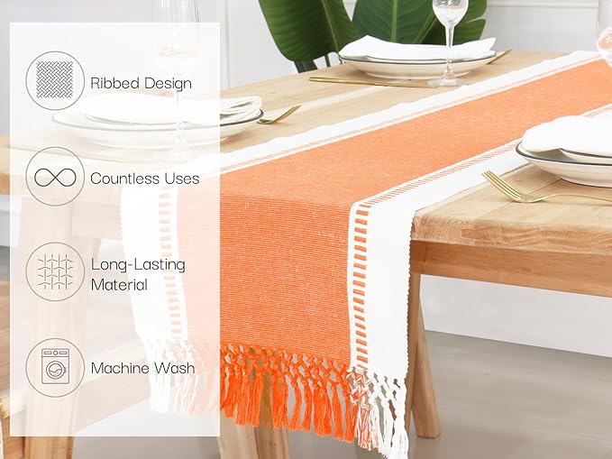 PurpleEssences Table Runner - Wide with Dobby Stripe, Heavy Ribbed Weave & Double Knot Fringes, 14x72 Inch (14x77.5 with Fringes) Farmhouse Decor - Christmas Holiday Winter - Orange and H.White