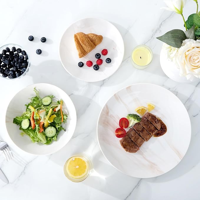 Bestone 12 Pieces Round Kitchen Dinnerware Sets,Plates and Bowls sets,Dishes, Plates, Bowls, Dish Set竊똏lates and Bowls,Service for 4, Orange and White Marble