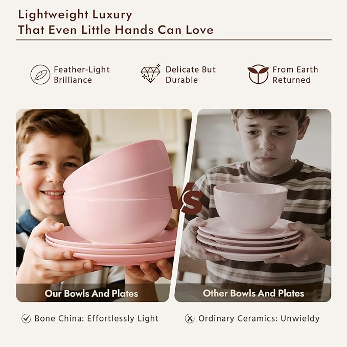 KINGSTONE Bone China Dinnerware Sets, 12-Piece Dinnerware Sets for 4, Lightweight Durable, Dishwasher Safe, Tableware for Daily Use with Elegant Design, Pink