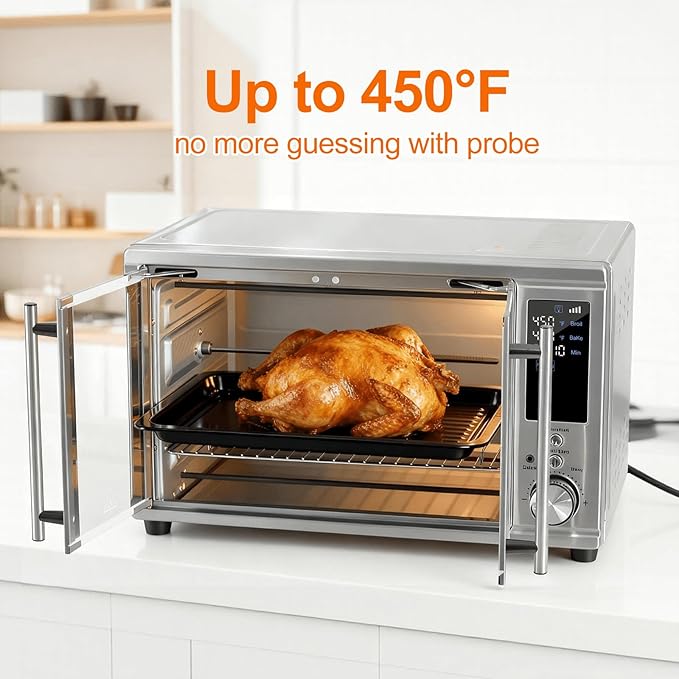 OLIXIS Air Fryer Toaster Oven Combo Dual Door, 29.6QT Oven Countertop 12 Functions in 1, 7 Accessories Included, Stainless, Up to 450°F