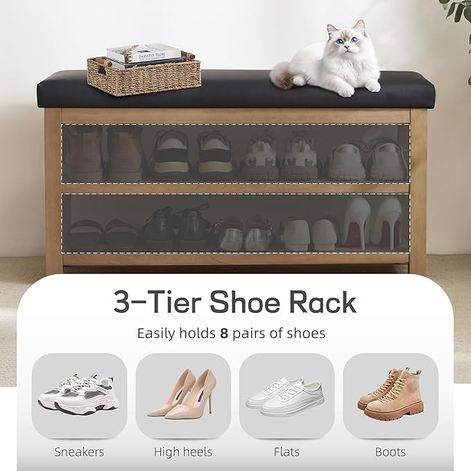 Zihanhome Shoe Rack Bench with Leather Cushion, 2 Tier Solid Wood Storage Bench, Mid-Century Modern Shoe Bench for Entryway, Hallway, Closet, Front Door Entrance, Foyer (Black, 39.4")
