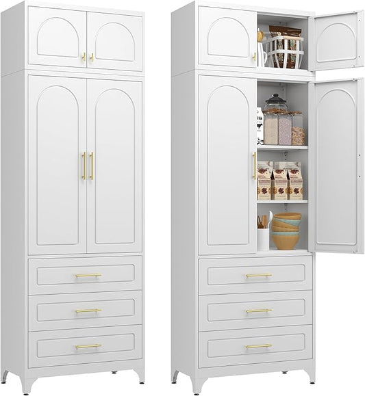 Kitchen Pantry Cabinet with 3 Drawers, 90" Tall Metal Storage Cabinets with Doors and Shelves, Food Cupboards for Dining, Living Room, 16" D x 32" W x 90" H, White, Assembly Required