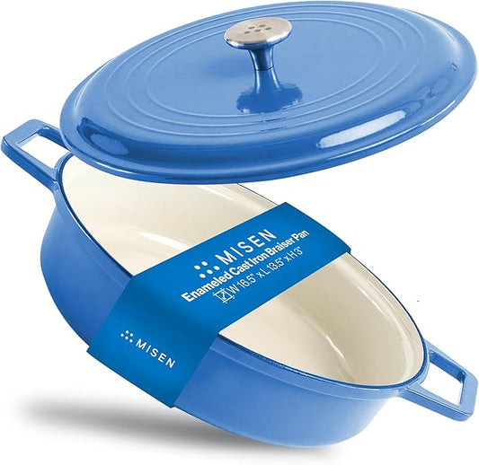 Misen 5.5 QT Braiser ??Enameled Cast Iron Pan for Searing, Braising & Slow Cooking ??No-Chip Enamel Coating ??Extra-Wide Handles ??Superior Heat Retention & Even Cooking - Blue