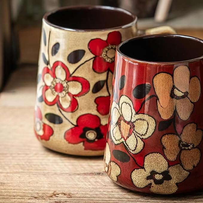 Extra Large Tall Coffee Mugs with Handle - Set of 2, 24 oz Ceramic, Dishwasher & Microwave Safe, Flower Design