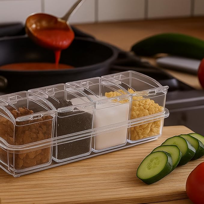 Clear Seasoning Box, 4 Pieces Seasoning Rack Spice Pots with Lids and Spoons, Toppings Containers, Acrylic Seasoning Box for Salt Spice, Pepper, Sugar, Cardamon, Cinnamon