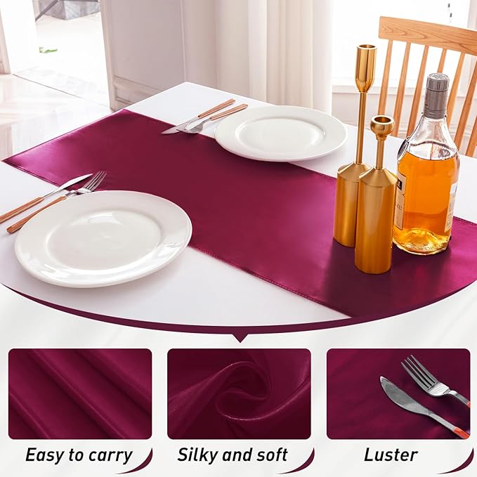 JEVIX 20 Pack Satin Table Runner 12 X 108 Inch Silk Table Runner for Party,Wedding, Birthday, Banquets,Decoration(Burgundy)