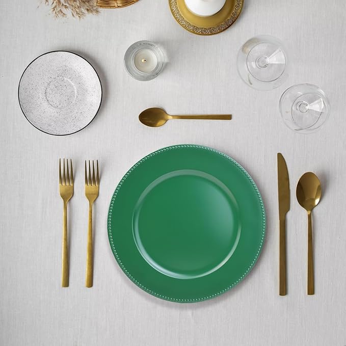 Set of 12 Green Charger Plates with Beaded. 13" Reusable Plastic Table Chargers for Dinner Plates