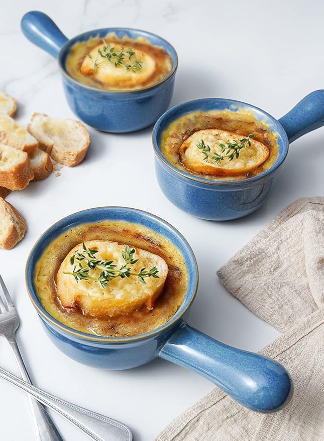 LE TAUCI Soup Bowls with Handle, 15 Oz Ceramic French Onion Soup Bowls, Large Soup Crocks Oven Safe for Stew, Onion, Soup, Chilli, Set of 4, Ceylon Blue