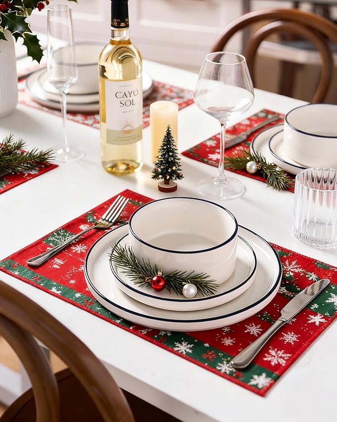 Famiware Porcelain Dinnerware Set, 18-Piece Modern Plate and Bowl Set, dish set for 6, Microwave and Dishwasher Safe Tableware, White with Blue Trim