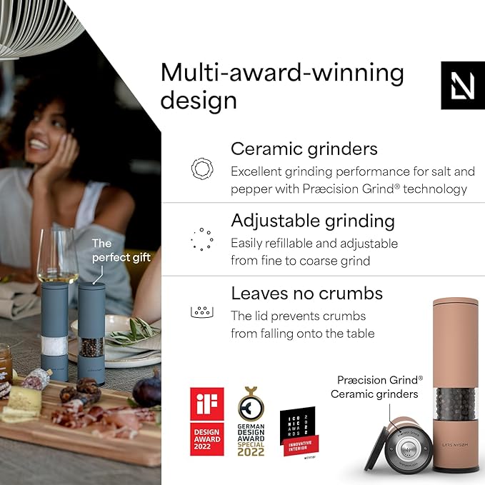 LARS NYS횠M Salt and Pepper Grinder Set Manual, Stainless Steel Salt and Pepper Mills with Adjustable Ceramic Grinder I Design Spice Shakers (Blush Rose)
