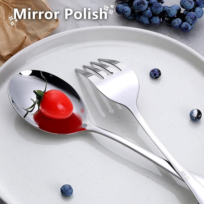 E-far Large Serving Utensils Set of 4, 9.8 Inch Stainless Steel Serving Spoons & Serving Forks, Big Hostess Set for Buffet Party Catering Wedding Kitchen Restaurant, Dishwasher Safe