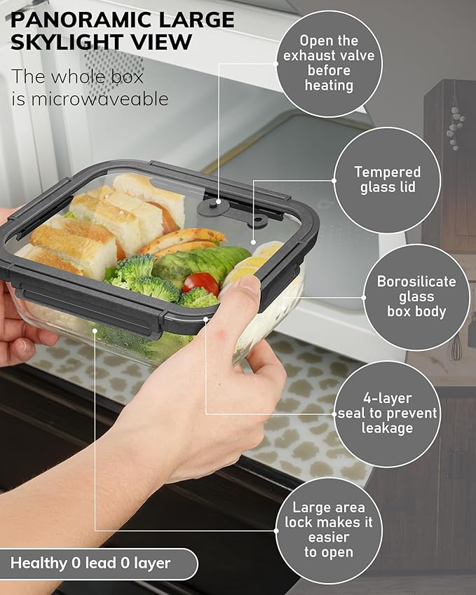 2-Pack Glass Food Storage Containers with Tempered Lids (630ml/2.7cup) - Airtight Snap Lock, Microwave & Oven Safe (-4?? 950째F), Freezer to Baking Dish, BPA-Free, Gift Box (Gray)