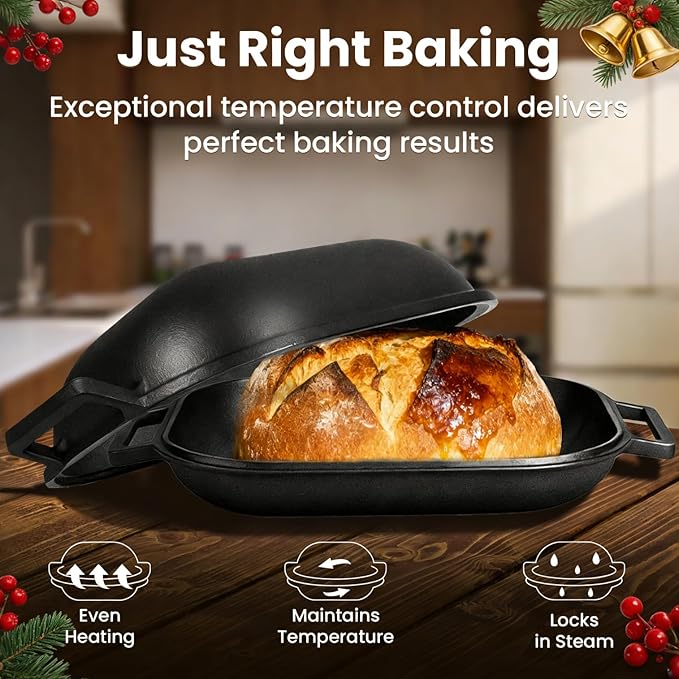 Heavy-Duty Pre-Seasoned Cast Iron Bread Pan, Same as the challenger Bread Pan Cast Iron with Lid, For Homemade Breadmaking, Cloche Inverted Dutch Oven Set for Baking, 15 Lbs Heavy Duty, Non-stick