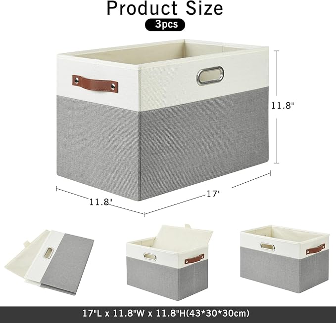 Bagnizer Large Collapsible Fabric Storage Bins with 3 Handles, Foldable Organizer Baskets for Closet, Shelves, Living Room | 3 Pack, Durable PU & Metal Handles (17"x11.8"x11.8", Gray & White)