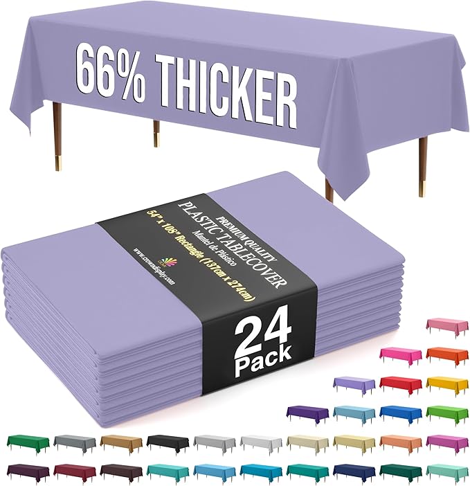 Exquisite 66% Thicker Premium Plastic Table Cloth Rectangle Table Cover 0.5 Mil 24 Pack Lavender Table Cloth 54 Inch x 108 Inch Disposable Tablecloth Won't Tear Easily Like Cheap Thin Brands