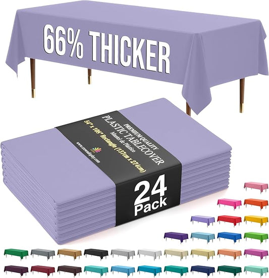 Exquisite 66% Thicker Premium Plastic Table Cloth Rectangle Table Cover 0.5 Mil 24 Pack Lavender Table Cloth 54 Inch x 108 Inch Disposable Tablecloth Won't Tear Easily Like Cheap Thin Brands