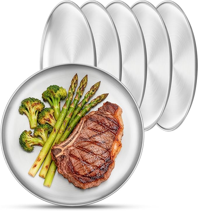 Metal Camping Plates, 6 Pack 9.1 inch Small 201 Stainless Steel Plates, Reusable Pizza Food Serving Snack Eating Salad Dishes Round Shatterproof Brushed Finish Silver Dish Oven Dishwasher Safe