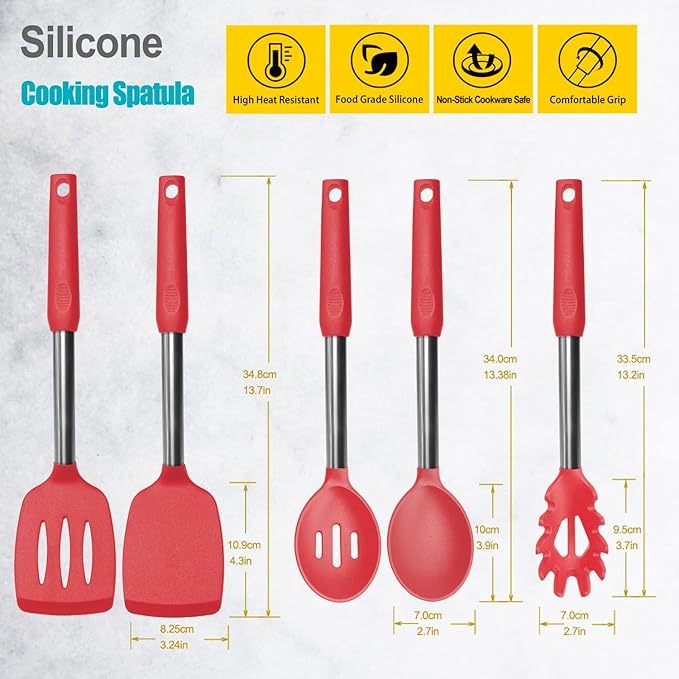 Silicone Spatula and Cooking Spoon,5 Pack Non-Stick Cooking Utensils for Kitchen竊똇eat Resistant Solid & Slotted Spoons and Spatulas, Stainless Steel Handle Coated with Silicone,Red