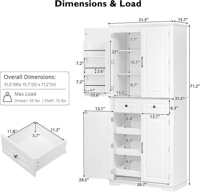 Ball & Cast 71?쿟all Farmhouse Kitchen Pantry Cabinet with 3 Pull Out Shelves & 2 Large Drawers,Versatile Pantryl Storage Cabinet w/ 6 Door Shelf & Adjustable Shelves for Kitchen,Dining Room,White