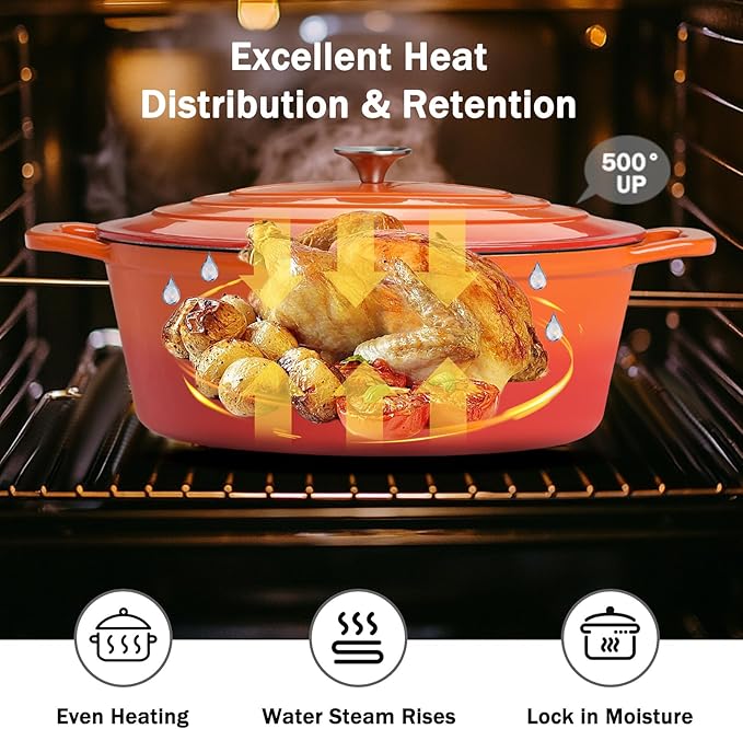 Enameled Oval Dutch Oven Pot with Lid, 8 QT Cast Iron Dutch Oven with Dual Handles for Cooking, Bread Baking, Frying, Non-stick Enamel Coated Oven (8 QT Orange)