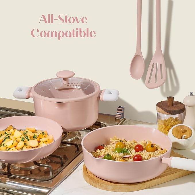 CAROTE Pots and Pans Set Nonstick, Ceramic Cookware Set, Pink Cooking Set Kitchen Induction Set with Steamer, PFAS PTFE Free,9 Piece