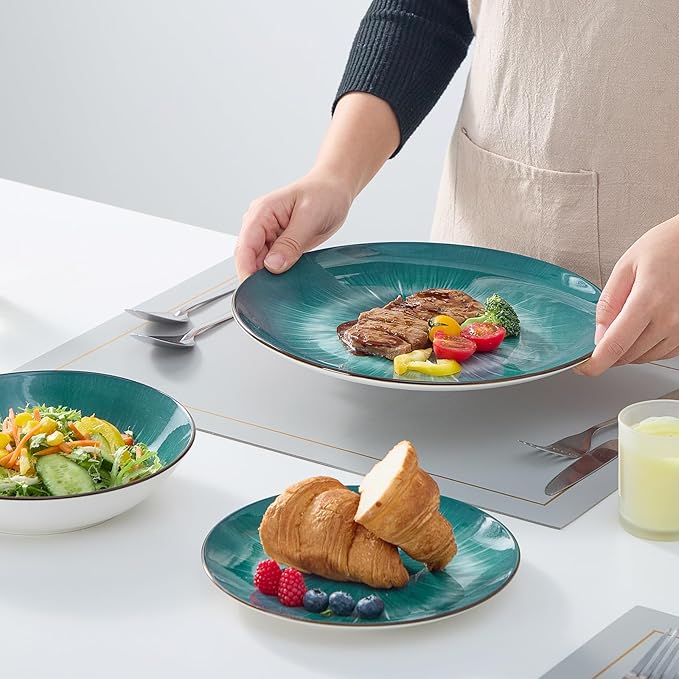 Bestone Porcelain Dinnerware Sets Service for 4, 12 pcs Hand drawn Plates and Bowls Sets, Handmade Ceramic Dish Set, Chip Resistant Modern Plate Set, Dishwasher/Microwave Safe竊똕tarburst Green