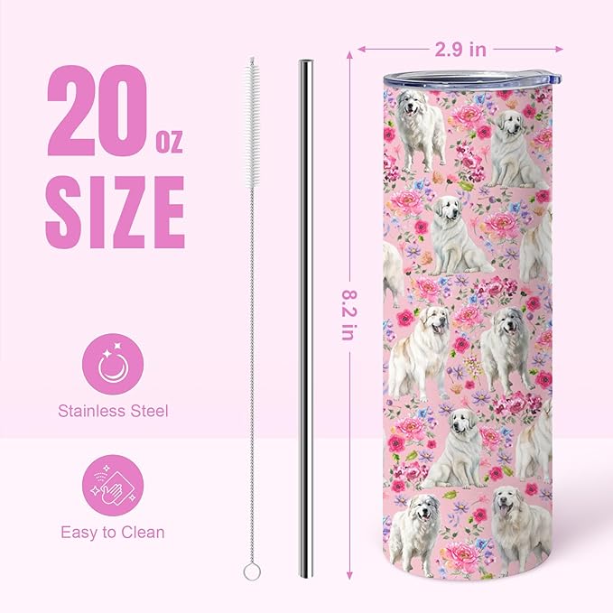 Yogusut Great Pyrenees Gifts for Women, 20oz Stainless Steel Insulated Tumbler Travel Mug Cup with Lid Straw Brush, Gifts for Dog Mom Dog Lover